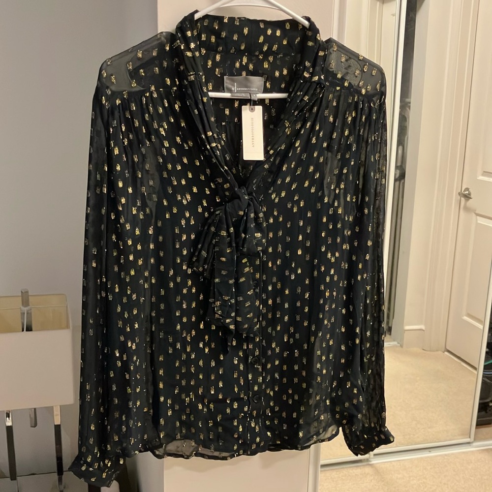 NWT By Anthropologie NWT Black and Gold Women's Sheer Blouse with Cami
